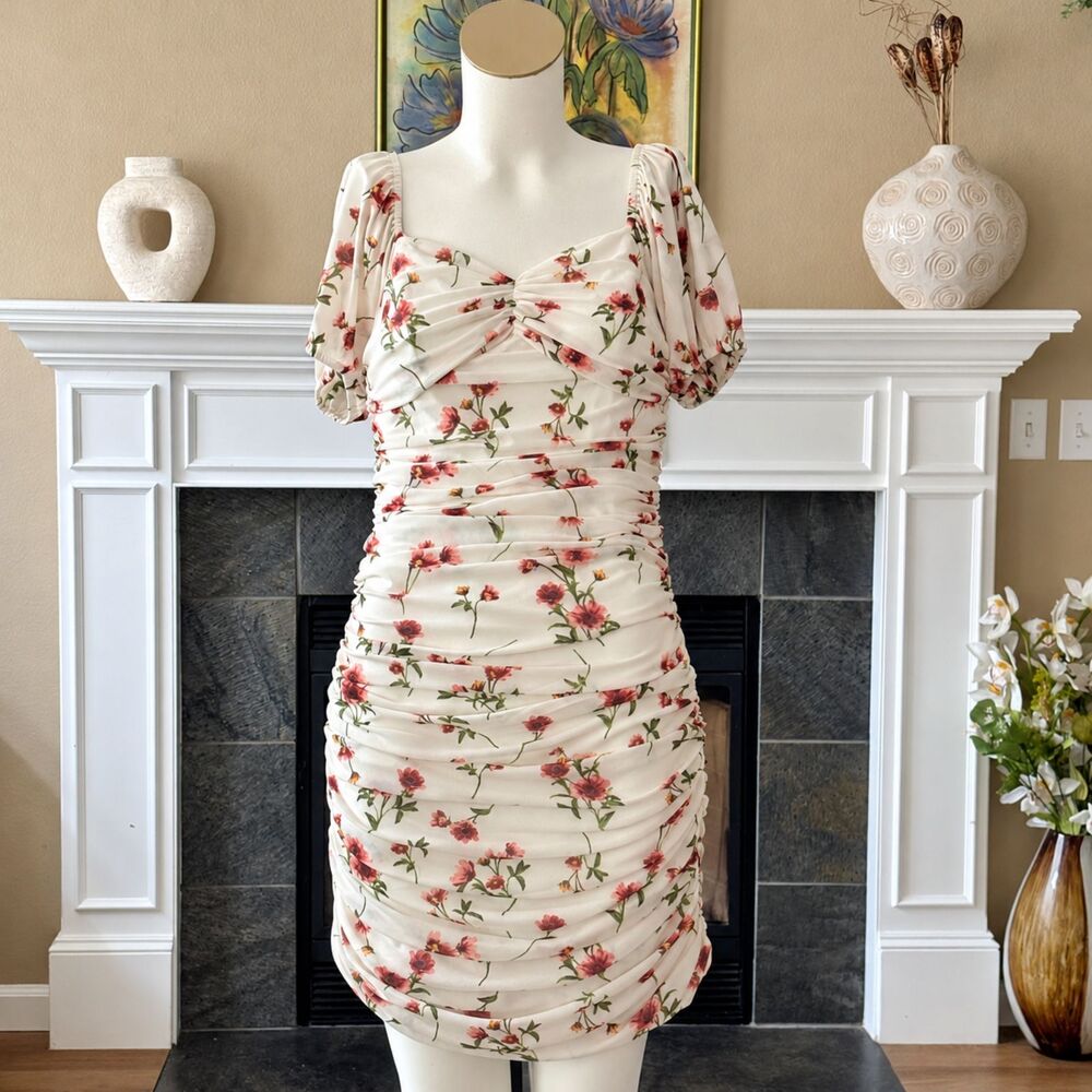 Endless Rose Floral Ruched Mini Dress Puff Sleeves Sweetheart Neck Size S